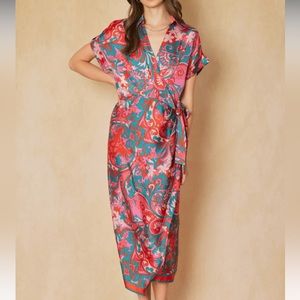 Satin Midi Wrap Dress {Red}